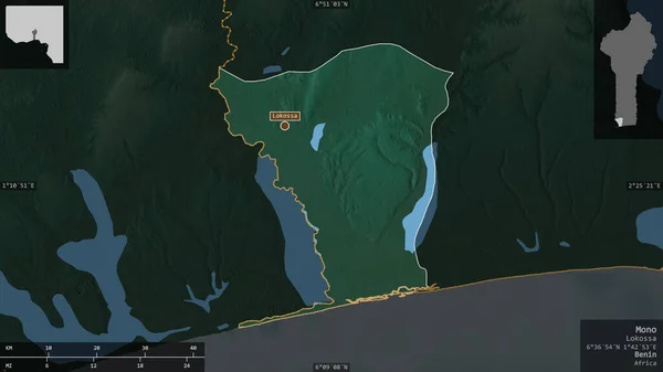 Моно Департамент Бенина Цветной Рельеф Озерами Реками Форма Представленная Территории — стоковое фото