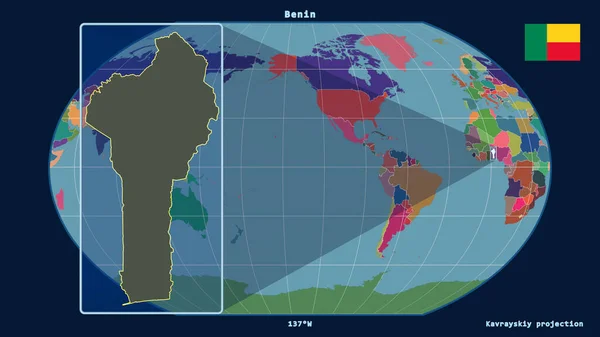 Увеличенный Вид Бенин Перспективными Линиями Против Глобальной Карты Каврайской Проекции — стоковое фото