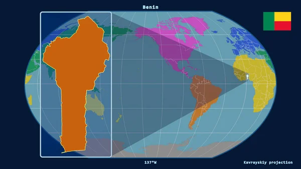 Zoomed Widok Benin Zarys Linii Perspektywy Wobec Globalnej Mapy Projekcji — Zdjęcie stockowe