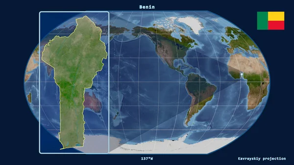 Zoomed View Benin Outline Perspective Lines Global Map Kavrayskiy Projection — Stock Photo, Image