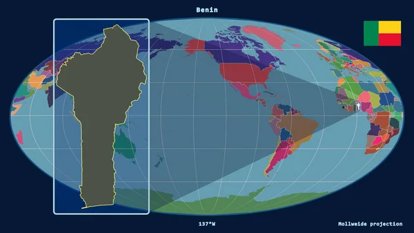 Zoomed Widok Benin Zarys Linii Perspektywy Wobec Globalnej Mapy Projekcji — Zdjęcie stockowe