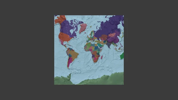 ベナンの領土を中心に斜めのヴァン グリンテン投影で世界の大規模な地図の正方形のフレーム 行政庁のカラーマップ — ストック写真