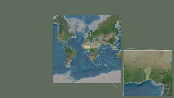 世界の大規模な地図から抽出されたベニンの拡大拡大領域と フレームの隅を結ぶ主要線 衛星画像 — ストック写真