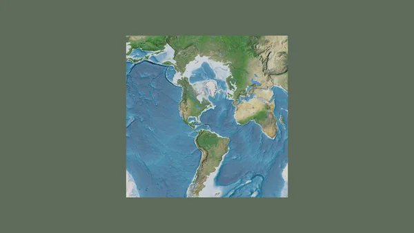 バミューダの領土を中心に斜めのヴァン グリンテン投影で世界の大規模な地図の正方形のフレーム 衛星画像 — ストック写真