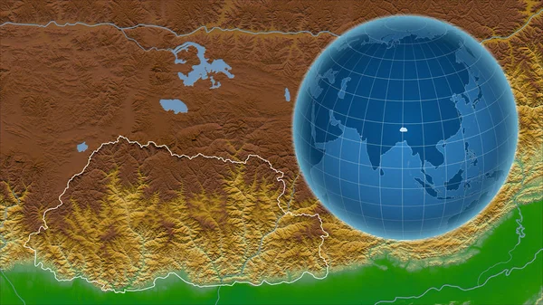 Bhutan Globo Con Forma Del Paese Contro Mappa Ingrandita Con — Foto Stock