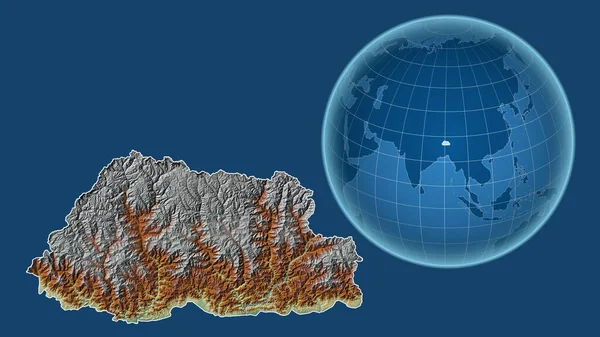Bhutan Globe Met Vorm Van Het Land Tegen Gezoomde Kaart — Stockfoto