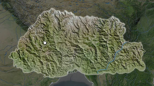 Zvýrazněná Oblast Bhútánu Hlavním Bodem Odvodněné Mapě Jeho Okolí Satelitní — Stock fotografie