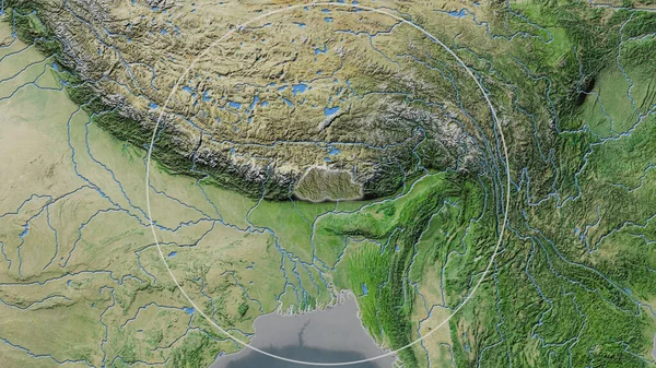 Увеличенная Территория Бутана Окружена Кругом Фоне Окрестностей Спутниковые Снимки — стоковое фото