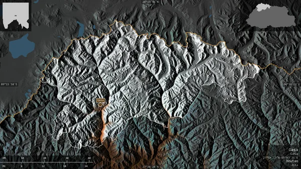 Gasa District Bhutan Gekleurd Reliëf Met Meren Rivieren Vorm Gepresenteerd — Stockfoto