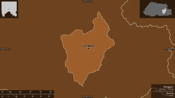 モンガー ブータンの地区 湖や川でパターン化された固体 有益なオーバーレイとその国の領域に対して提示形状 3Dレンダリング — ストック写真