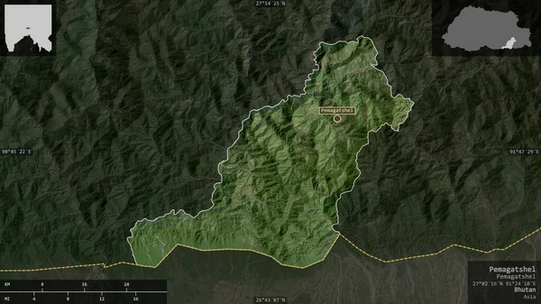 Pemagatshel Distrito Bután Imágenes Satélite Forma Presentada Contra Área País —  Fotos de Stock