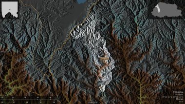 Thimphu, Butan bölgesi. Göller ve nehirlerle renkli rahatlama. Ülke alanına karşı bilgilendirici örtülerle sunulan şekil. 3B görüntüleme