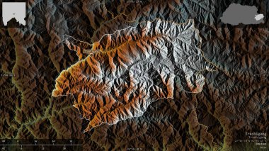 Trashigang, Butan bölgesi. Göller ve nehirlerle renkli rahatlama. Ülke alanına karşı bilgilendirici örtülerle sunulan şekil. 3B görüntüleme