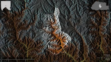 Trongsa, Butan bölgesi. Göller ve nehirlerle renkli rahatlama. Ülke alanına karşı bilgilendirici örtülerle sunulan şekil. 3B görüntüleme