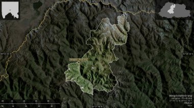 Wangduephodrang, Butan bölgesi. Uydu görüntüleri. Ülke alanına karşı bilgilendirici örtülerle sunulan şekil. 3B görüntüleme