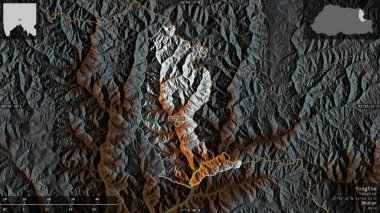 Yangtse, Butan bölgesi. Göller ve nehirlerle renkli rahatlama. Ülke alanına karşı bilgilendirici örtülerle sunulan şekil. 3B görüntüleme