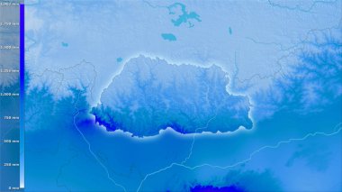 Efsanevi stereografik projeksiyondaki Bhutan bölgesindeki en nemli ayın yağışı - ışık saçan ana hatlı raster tabakalarının ham bileşimi