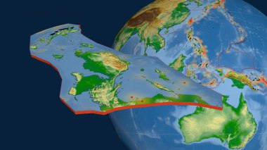 Birds Head tektonik plakası yayıldı ve dünyaya karşı sunuldu. renk fiziksel harita. 3B görüntüleme
