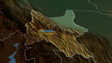 Cochabamba - Bolivya departmanı sermaye ile zumlandı ve vurgulandı. Ana fiziksel manzara özellikleri. 3B görüntüleme