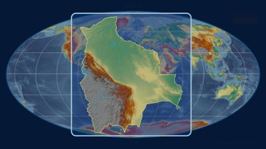 Mollweide projeksiyonundaki küresel bir haritaya karşı Bolivya 'nın perspektif çizgileri ile yakınlaştırılmış görüntüsü. Şekil merkezli. topografik yardım haritası