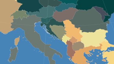 Bosna-Hersek ve komşuları. Uzak eğimli perspektif - özet yok. idari bölümlerin renk haritası