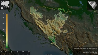 Bosna-Hersek 'in tarafı Federacija Bosna i Hercegovina. Gölleri ve nehirleri olan renkli gölge verileri. Ülke alanına karşı bilgilendirici örtülerle sunulan şekil. 3B görüntüleme