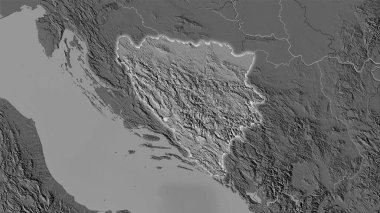 Stereografik projeksiyonda Bosna-Hersek 'in bilek yüksekliği haritasında - ışık saçan ana hatlı raster tabakalarının ham bileşimi