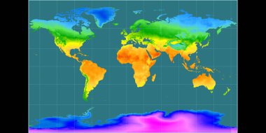 Braun Stereografik projeksiyonundaki dünya haritası 11 Doğu boylamı üzerine kuruludur. Yıllık ortalama sıcaklık haritası. Raster 'ın ham bileşimi. 3B illüstrasyon