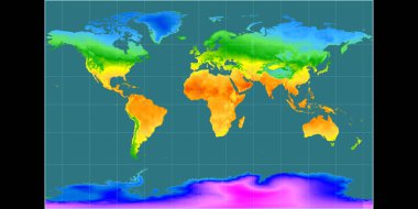 World map in the Braun Stereographic projection centered on 11 East longitude. Mean annual temperature map - raw composite of raster with graticule. 3D illustration clipart