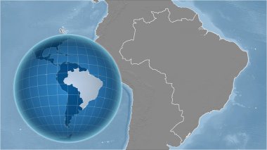Brezilya. Zoom haritasına karşı ülkenin şekline sahip bir dünya. Gri tonlama yükseklik haritası