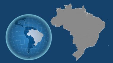 Brezilya. Yakınlaştırılmış haritaya karşı ülkenin şekline sahip dünya mavi arka planda izole edilmiş. Gri tonlama yükseklik haritası