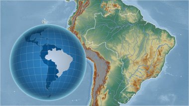 Brezilya. Zoom haritasına karşı ülkenin şekline sahip bir dünya. topografik yardım haritası