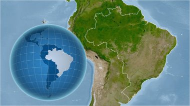 Brezilya. Zoom haritasına karşı ülkenin şekline sahip bir dünya. uydu resimleri
