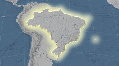 Brezilya ve komşuları. Uzak eğimli perspektif - şekil parlıyordu. Gri tonlama yükseklik haritası