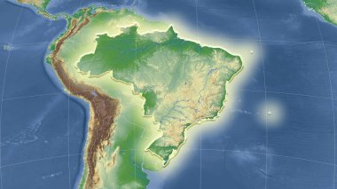 Brezilya ve komşuları. Uzak eğimli perspektif - şekil parlıyordu. renk fiziksel haritası