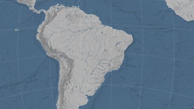 Brezilya ve komşuları. Uzak eğimli perspektif - özet yok. Gri tonlama yükseklik haritası