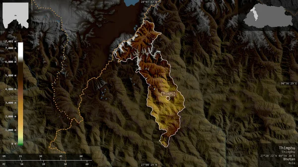 Thimphu Distrito Bután Datos Sombreado Colores Con Lagos Ríos Forma — Foto de Stock