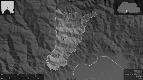 Tsirang Distrito Bután Mapa Escala Grises Con Lagos Ríos Forma — Foto de Stock