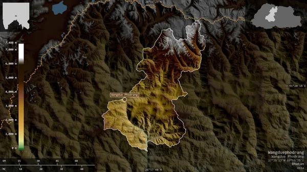 Wangduephodrang, Butan bölgesi. Gölleri ve nehirleri olan renkli gölge verileri. Ülke alanına karşı bilgilendirici örtülerle sunulan şekil. 3B görüntüleme