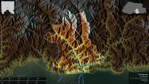 Zhemgang District Bhutan 五彩斑斓的湖泊和河流 以信息覆盖的形式呈现在其国家区域上 3D渲染 — 图库照片