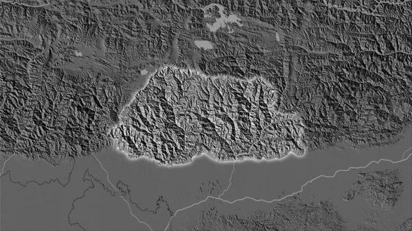 立体投影中斜面高程图上的不丹地区 发光轮廓光栅层的原始成分 — 图库照片