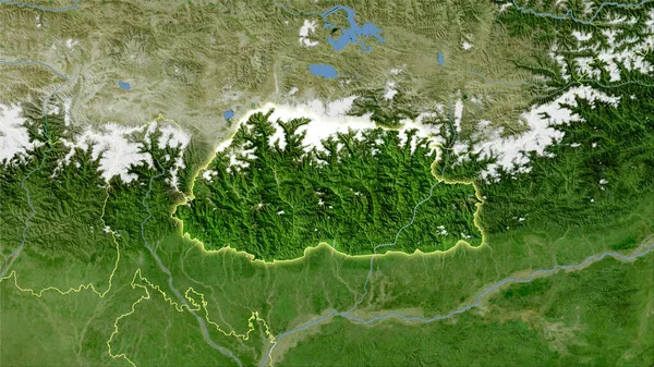 Obszar Bhutanu Mapie Satelitarnej Projekcji Stereograficznej Surowa Kompozycja Warstw Rastrowych — Zdjęcie stockowe
