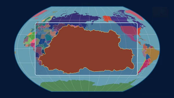 以透视线与Kavrayskiy投影中的全球地图对齐的不丹缩放视图 形体中心 行政区划的彩色地图 — 图库照片