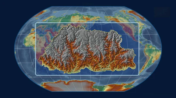 ブータンのアウトラインを視野線で拡大し 世界地図に対するカヴァライスキー予測 形を中心に 地形図によると — ストック写真