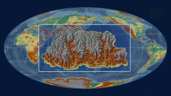 Přiblížený Pohled Bhútánský Obrys Perspektivními Liniemi Proti Globální Mapě Mollweidské — Stock fotografie