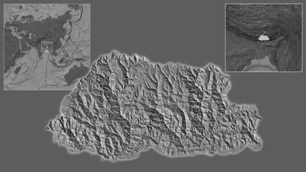 ブータンとその地域に位置し 大規模な世界地図の中心部のクローズアップ 標高マップ — ストック写真