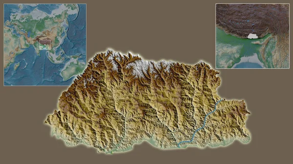Detailní Záběr Bhútánu Jeho Umístění Regionu Středu Rozsáhlé Mapy Světa — Stock fotografie