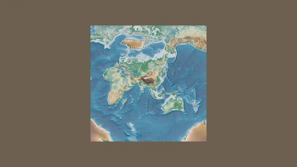 Square frame of the large-scale map of the world in an oblique Van der Grinten projection centered on the territory of Bhutan. Color physical map