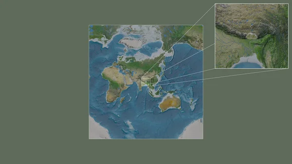 世界の大規模な地図から抽出されたブータンの拡大拡大領域と フレームの隅を結ぶ主要線 衛星画像 — ストック写真