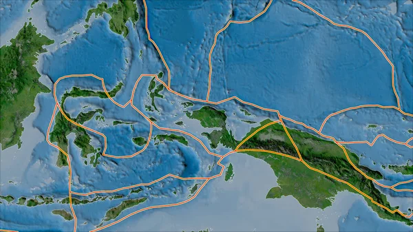 衛星上の構造プレート境界鳥頭プレート領域に隣接する領域の地図 ヴァン グリンテンI予測 斜めの変換 — ストック写真